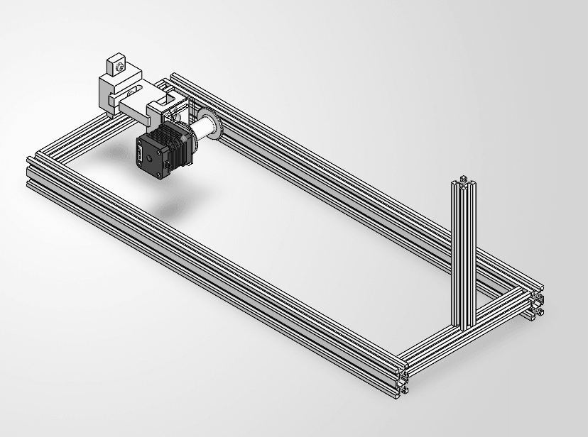 Isometric CAD view of a long rectangular aluminum extrusion frame. At one end, a stepper motor, spool, and white adapter blocks are fixed above the rails; at the far end, a vertical post rises from the frame.