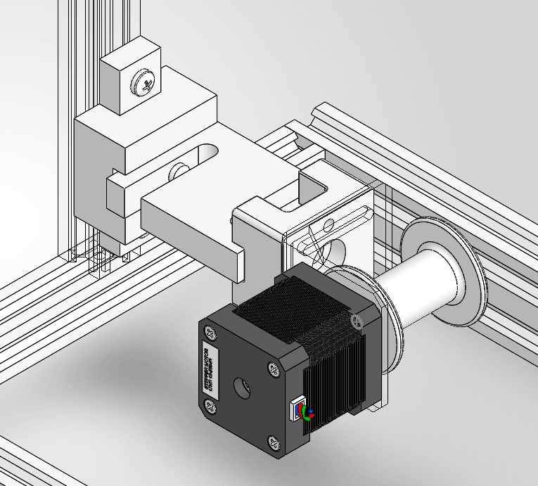 CAD close-up of a stepper motor fixed through white rectangular adapter blocks to a vertical aluminum extrusion, with a two-flange spool on the motor shaft.