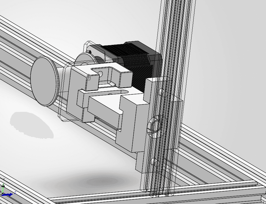 The same CAD assembly from the opposite side, with the vertical extrusion rendered transparent to show a mounting block bolted to it and the spool flange in the foreground.