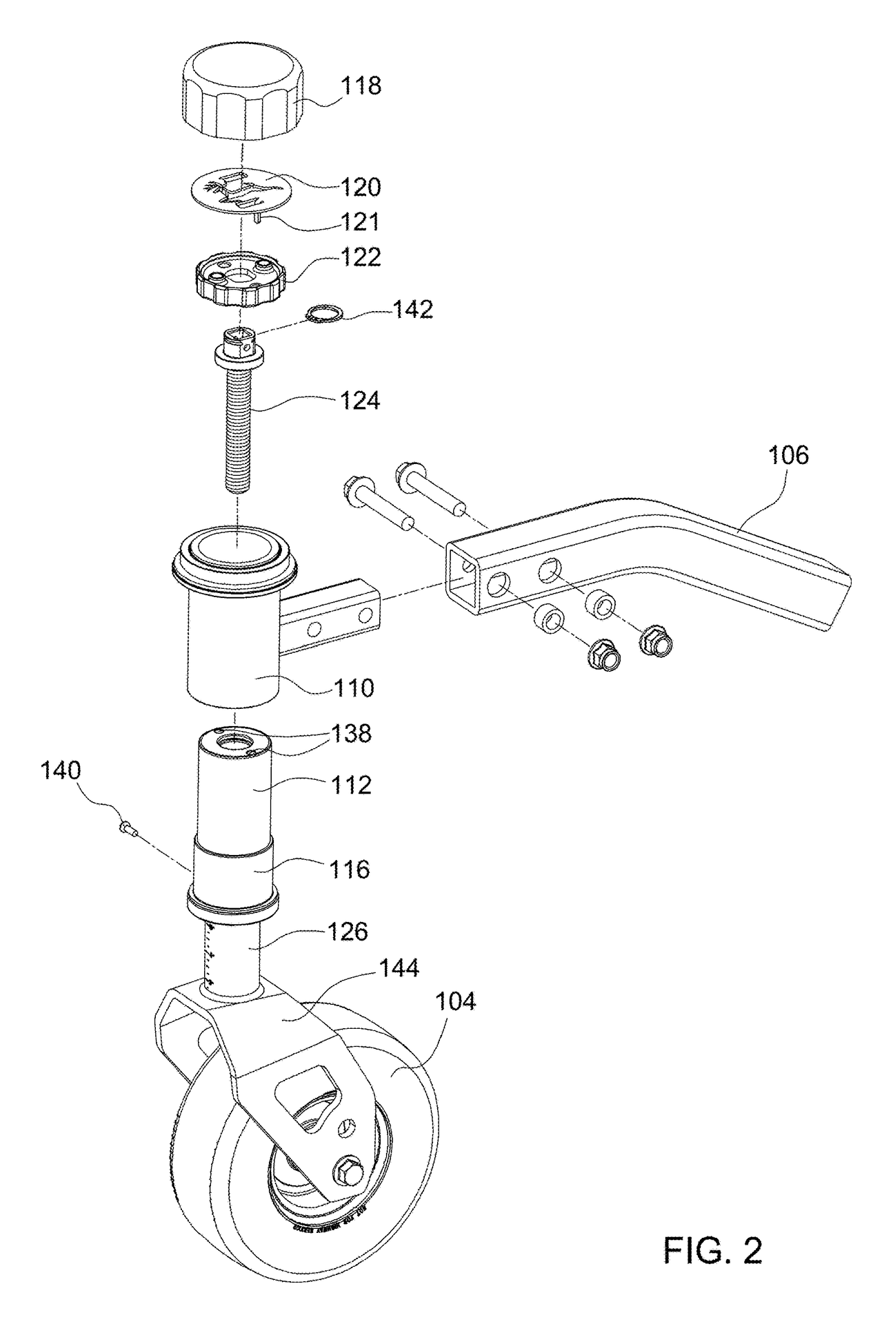 Patent line drawing of the height-of-cut mechanism in exploded view: from top, a ribbed cap, a perforated locking plate with two pins, a ribbed handle, a snap ring, a long threaded screw, an outer cylinder with a square mounting tube and a bent mounting arm with bolts, an inner cylinder, bushings, a small connector screw, a shaft with height markings, a caster yoke, and a caster wheel.