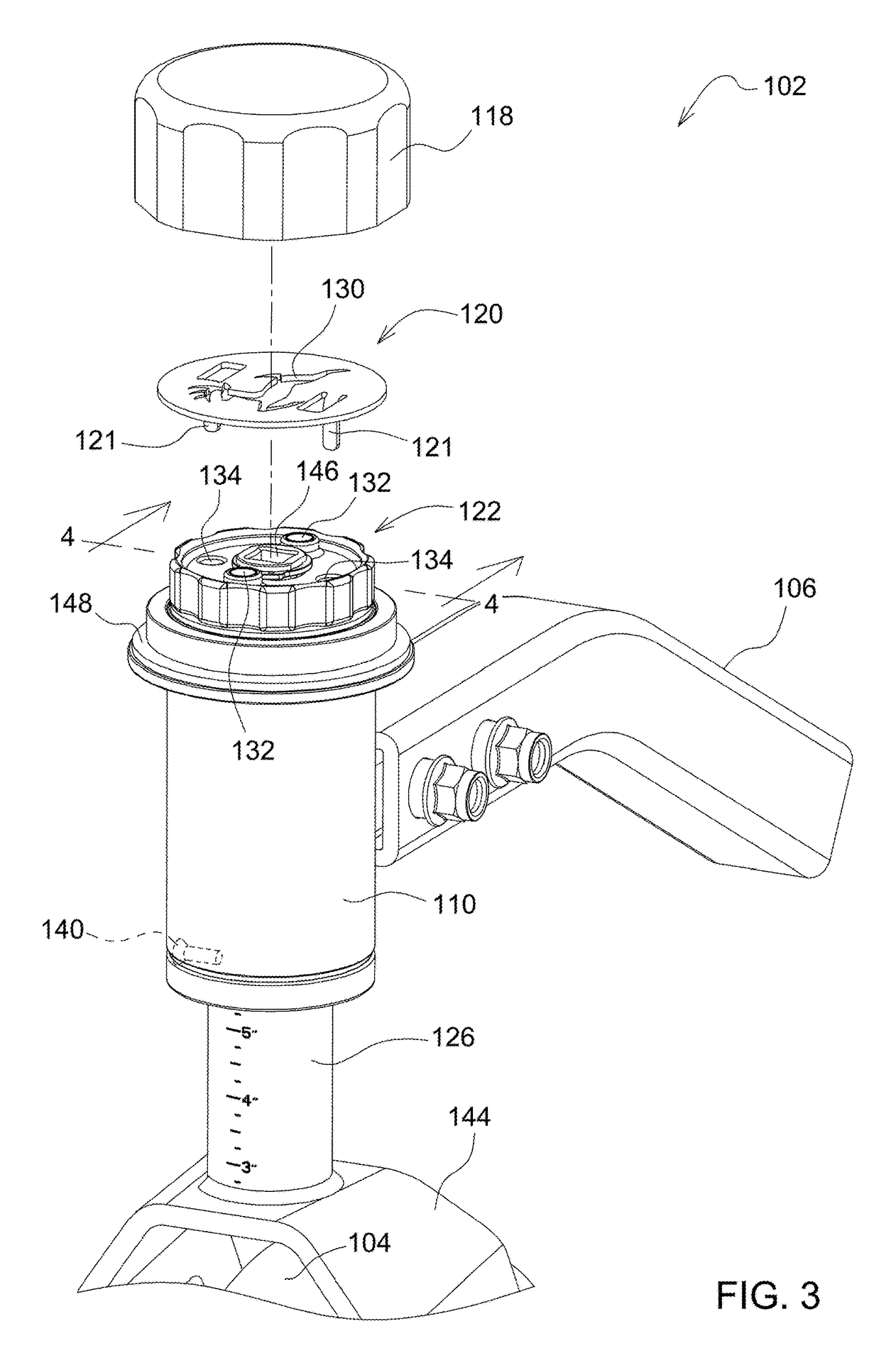 Patent line drawing of the assembled mechanism with the cap and locking plate lifted off, showing the ribbed handle on top of the outer cylinder with two round magnets and a square socket in the center, and the shaft below marked 3, 4 and 5.