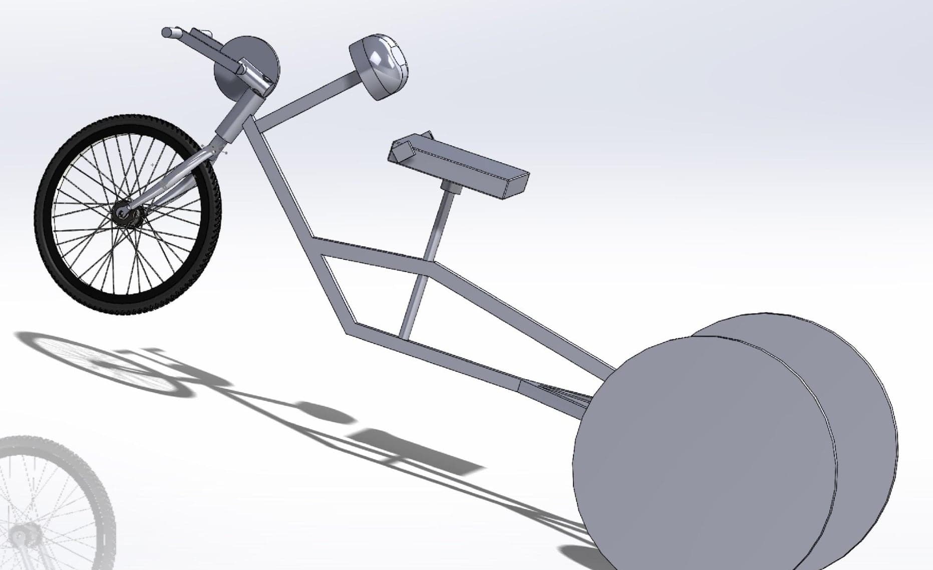 SolidWorks model of a three-wheeled vehicle frame with a front wheel, raised hand crank, seat, and two rear wheels shown as solid discs.