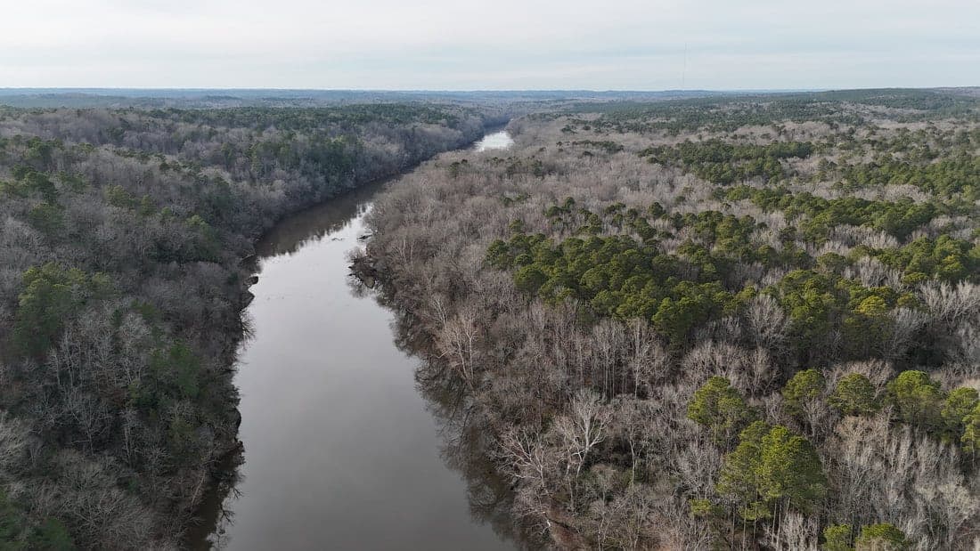 Aerial view of a wide brown river winding through bare winter woodland toward the horizon.