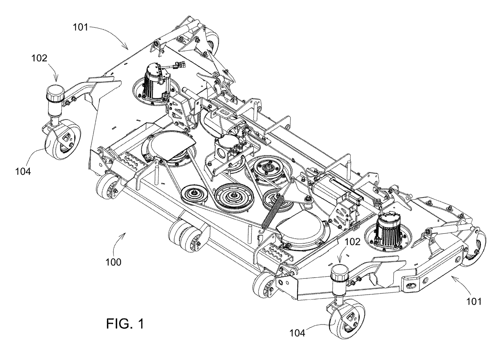 Patent perspective drawing of a mower deck assembly: a long center deck with belt-driven pulleys and motor units, hinged wing sections at each side, and caster wheels at the corners, two of them topped by the cylindrical height-of-cut mechanism.
