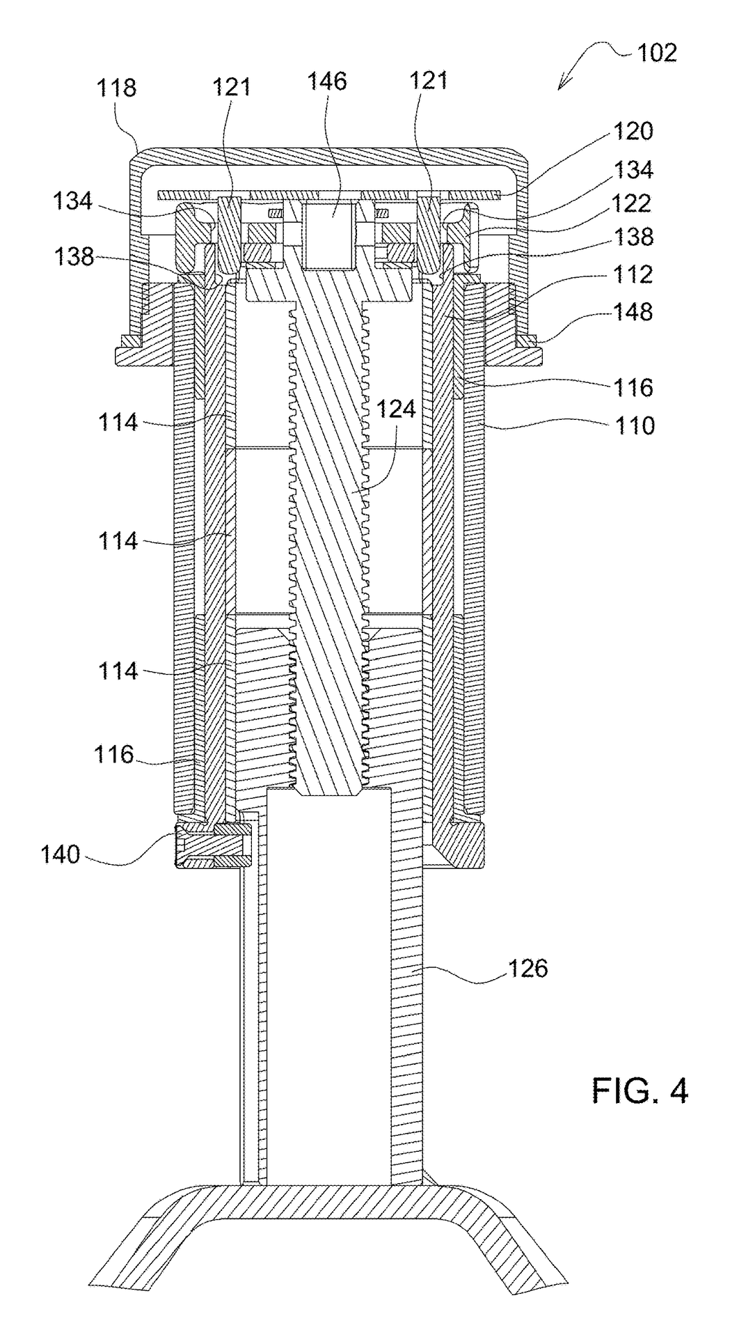 Patent section drawing of the locked mechanism: a long screw threaded into the top of a hollow shaft, nested inside an inner cylinder with bushings, inside an outer cylinder, with locking pins passing down through the handle and a cap closed over the top.