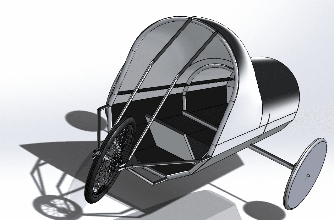 CAD render looking into the open cockpit of the vehicle: tubular roll hoops and frame members, a floor pan, the rear wheel, and one front wheel on an axle.